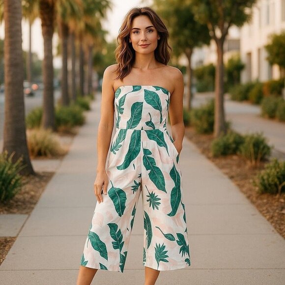 unbranded Pants - Strapless Leaf Print Jumpsuit M Smocked Back Cropped NWOT Casual Chic